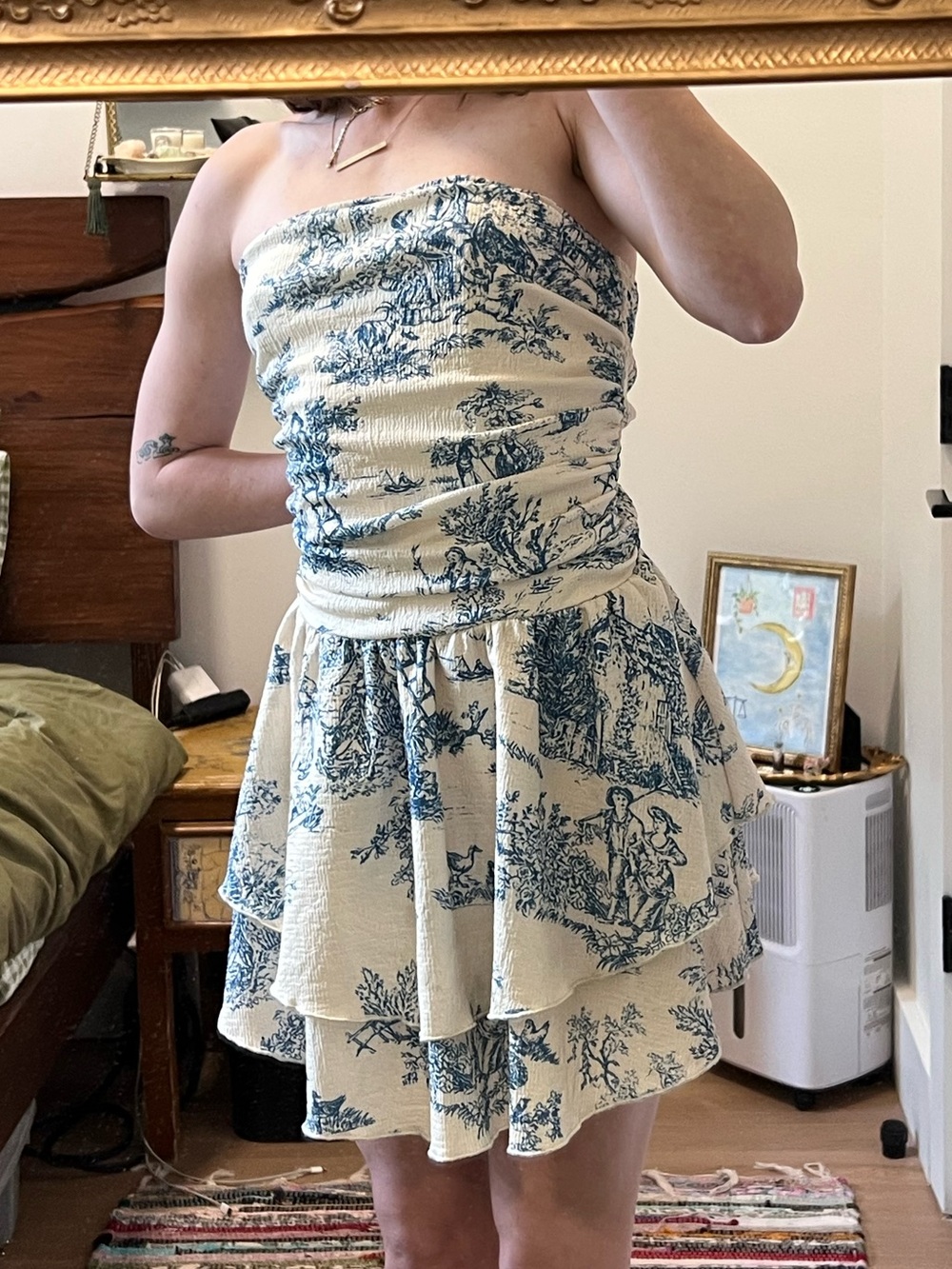 Cider Strapless Cream Mini Dress with Blue Toile Print